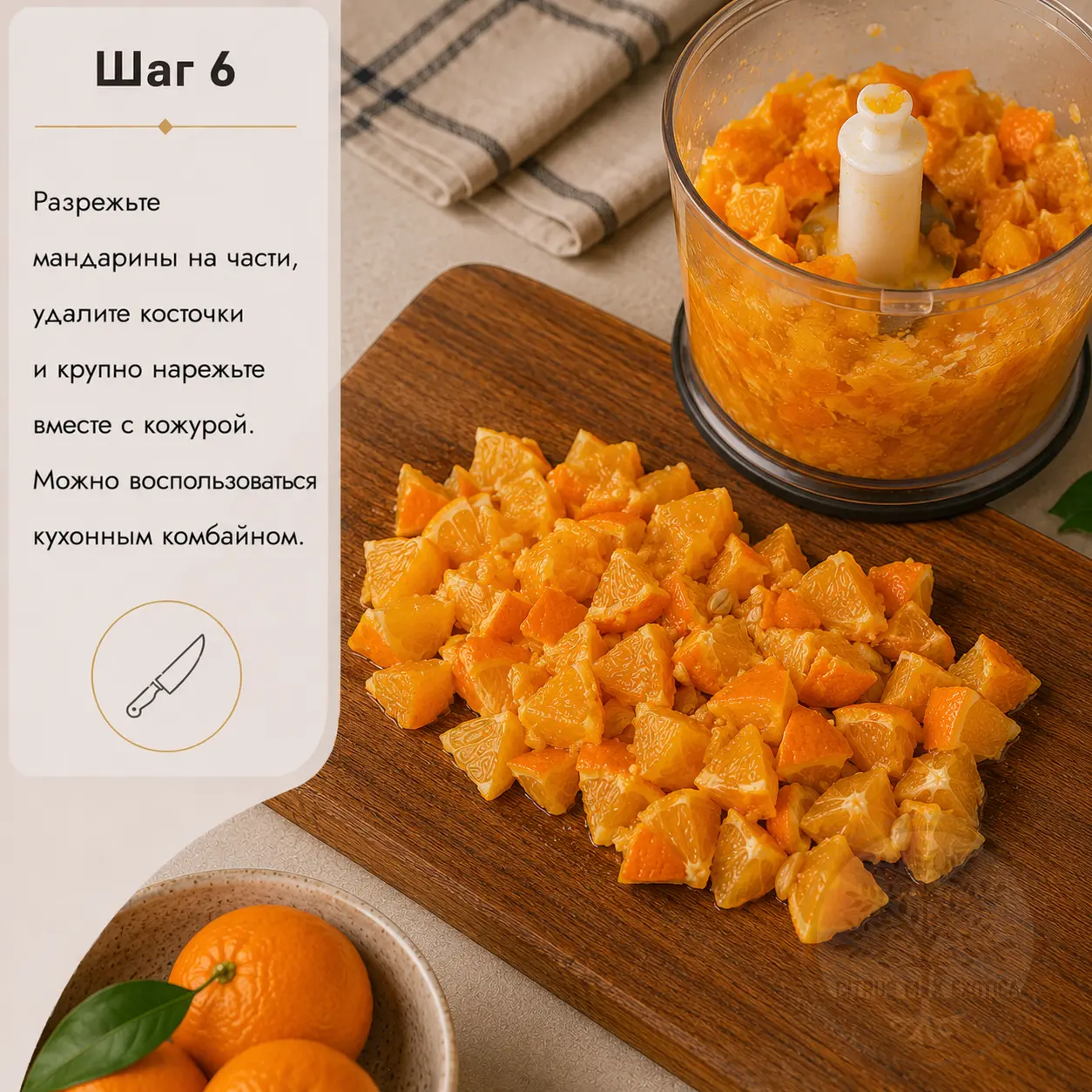 Мандарины очищены от косточек и крупно нарезаны вместе с кожурой для приготовления мармелада
